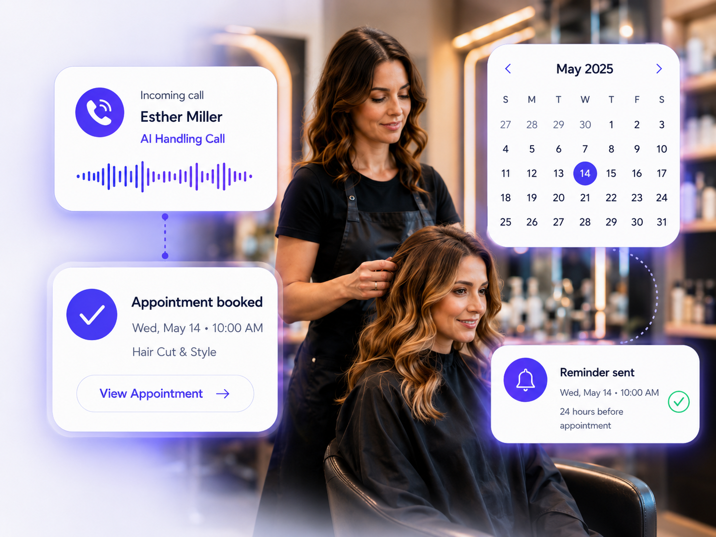 Beauty professional serving a client with NextEraAI call, booking, calendar, and reminder workflow